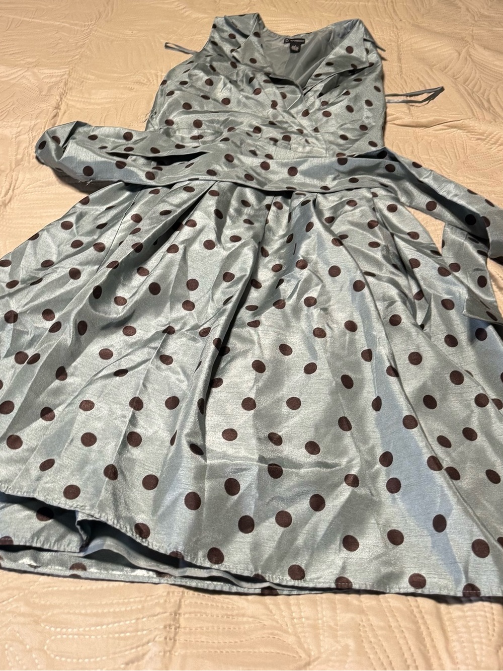 Women’s New Directions Polka Dot Satin Party Dress Light Blue w/ Brown Dots Sz 6